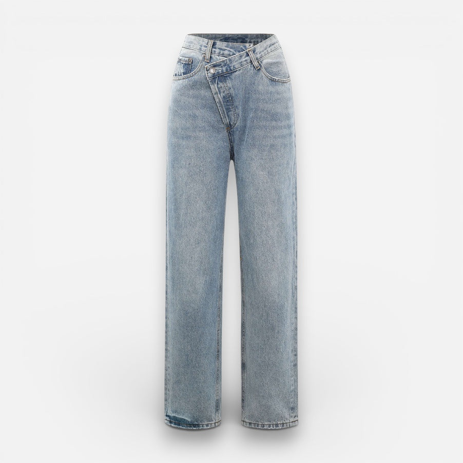 Jeans für Damen mit asymmetrischem Bund und weitem Bein