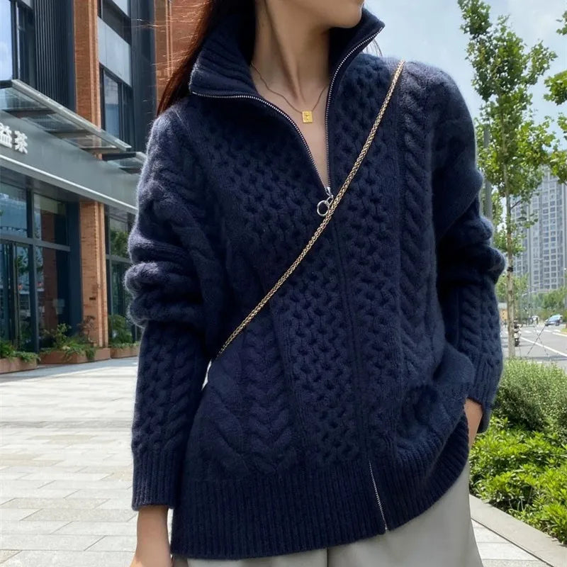 Kaschmir-Strickjacke mit Reißverschluss für Damen | Grobstrick