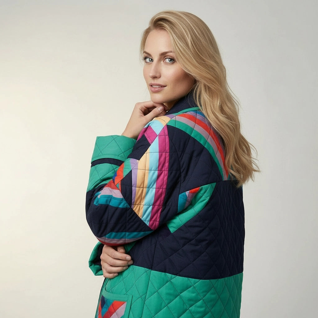 Bunte Steppjacke für Damen in Oversized Passform im Vintage Stil mit Schalkragen