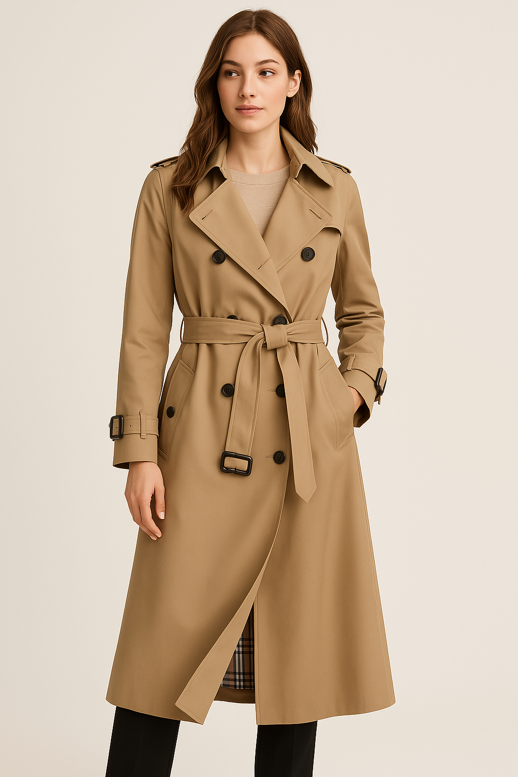 Doppelreihiger Trenchcoat für Damen mit abnehmbarem Gürtel 1