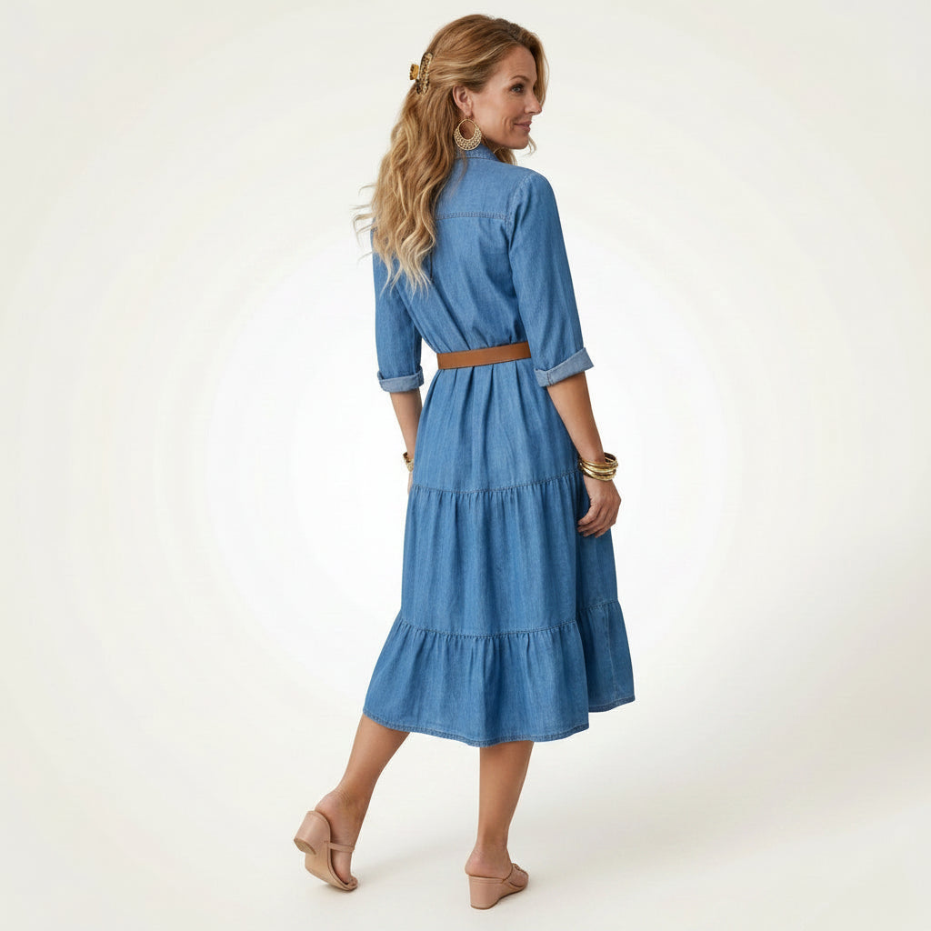 Hemdblusenkleid für Damen aus Denim in A-Linie mit Gürtel Blau 2