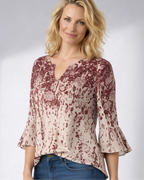 Gemusterte Bluse für Damen mit V-Ausschnitt und 3/4-Ärmeln