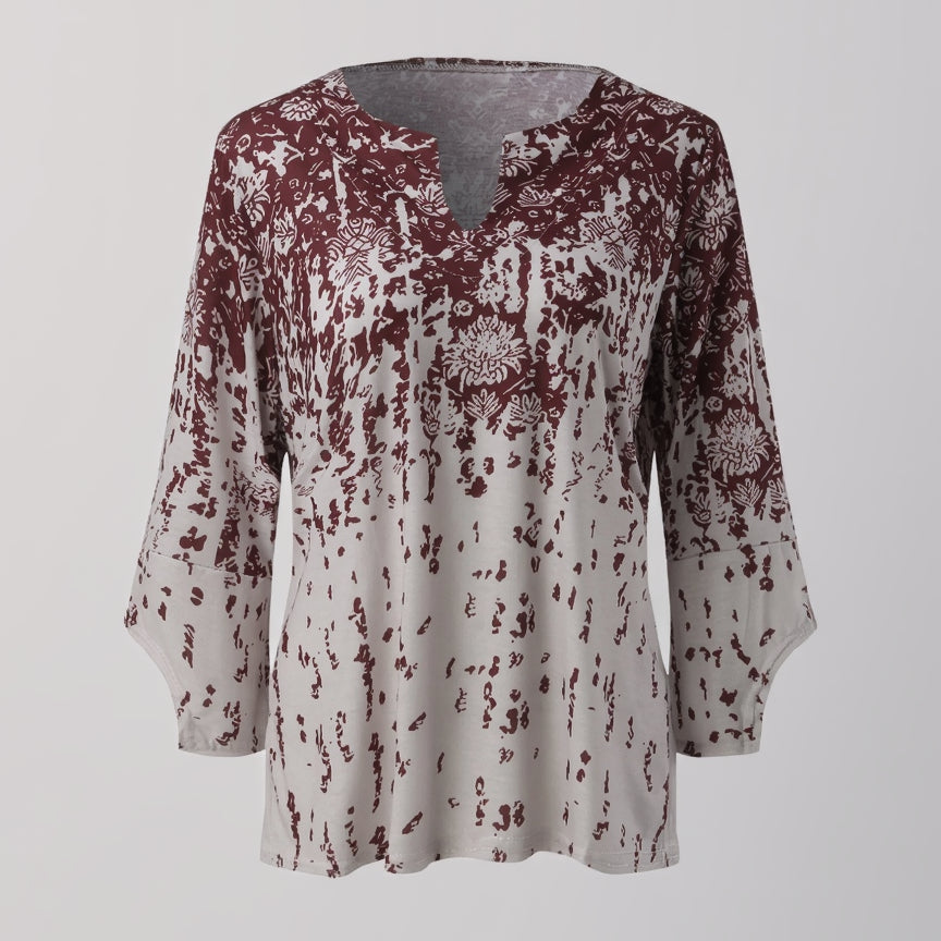 Gemusterte Bluse für Damen mit V-Ausschnitt und 3/4-Ärmeln
