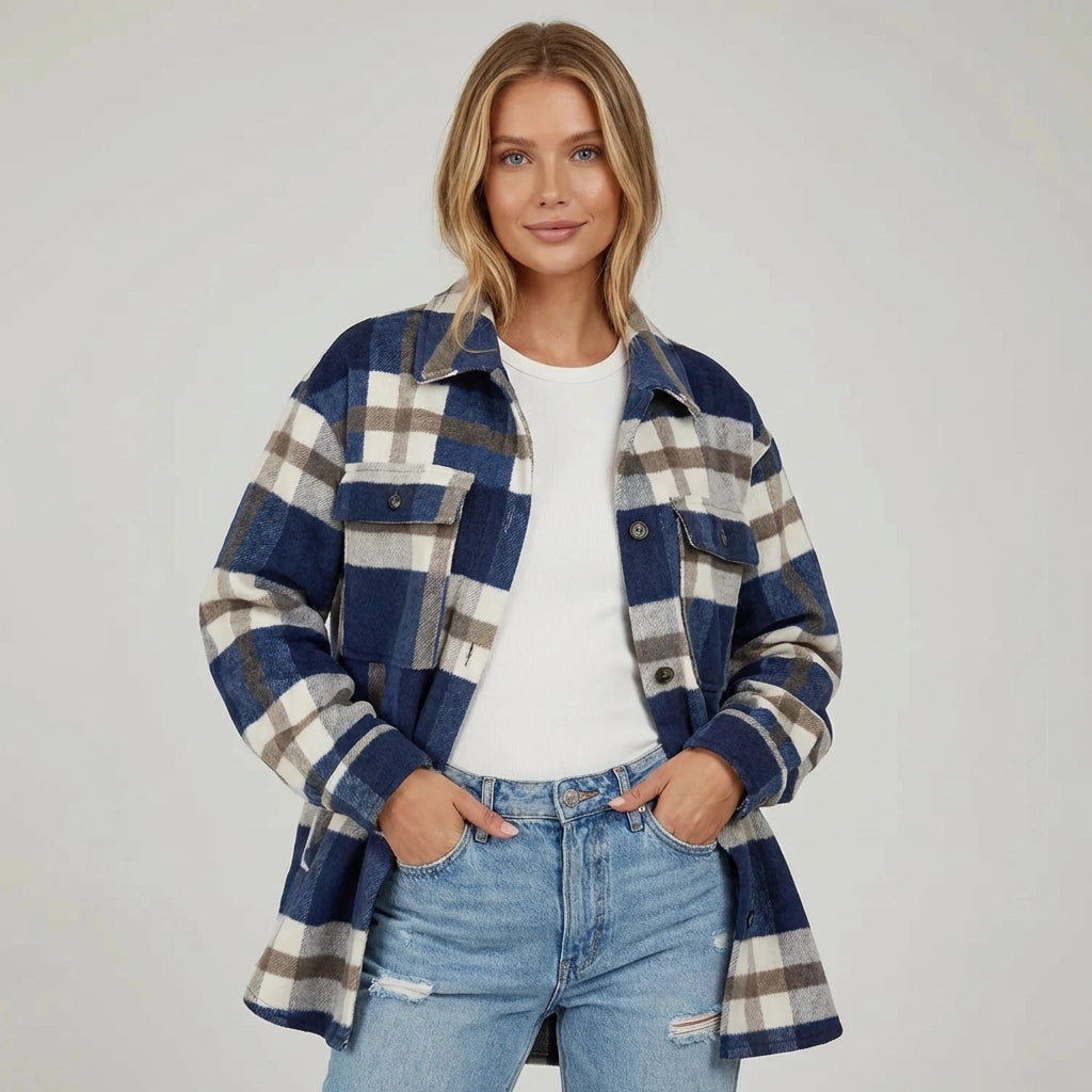 Lange Hemd Jacke im Karierten Design mit Brusttaschen im Oversized Schnitt