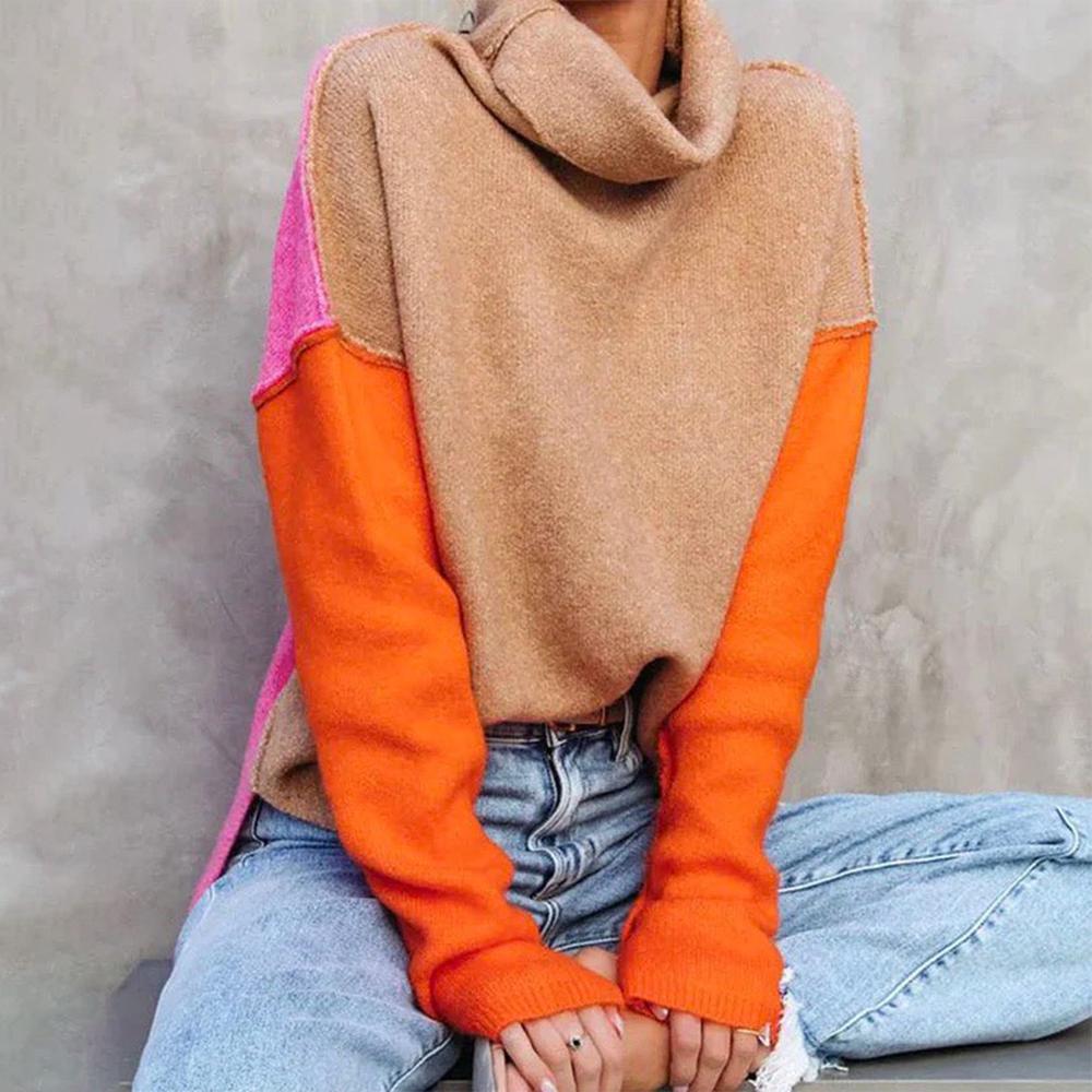 Farbblock Rollkragenpullover für Damen, Locker Schnitt 0