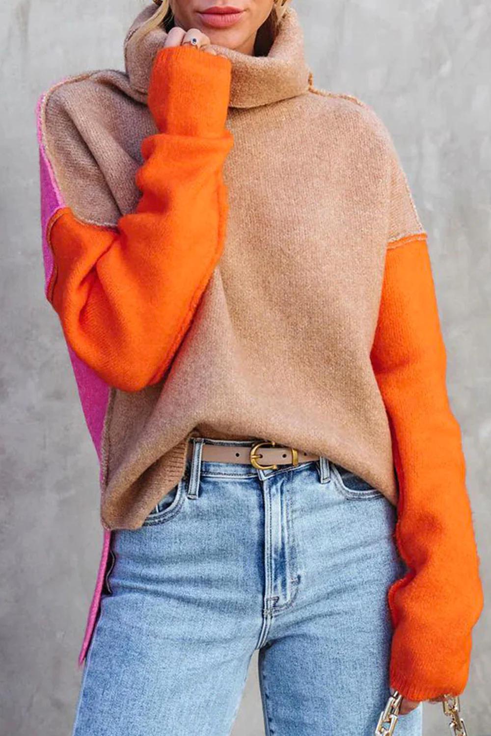 Farbblock Rollkragenpullover für Damen, Locker Schnitt 2