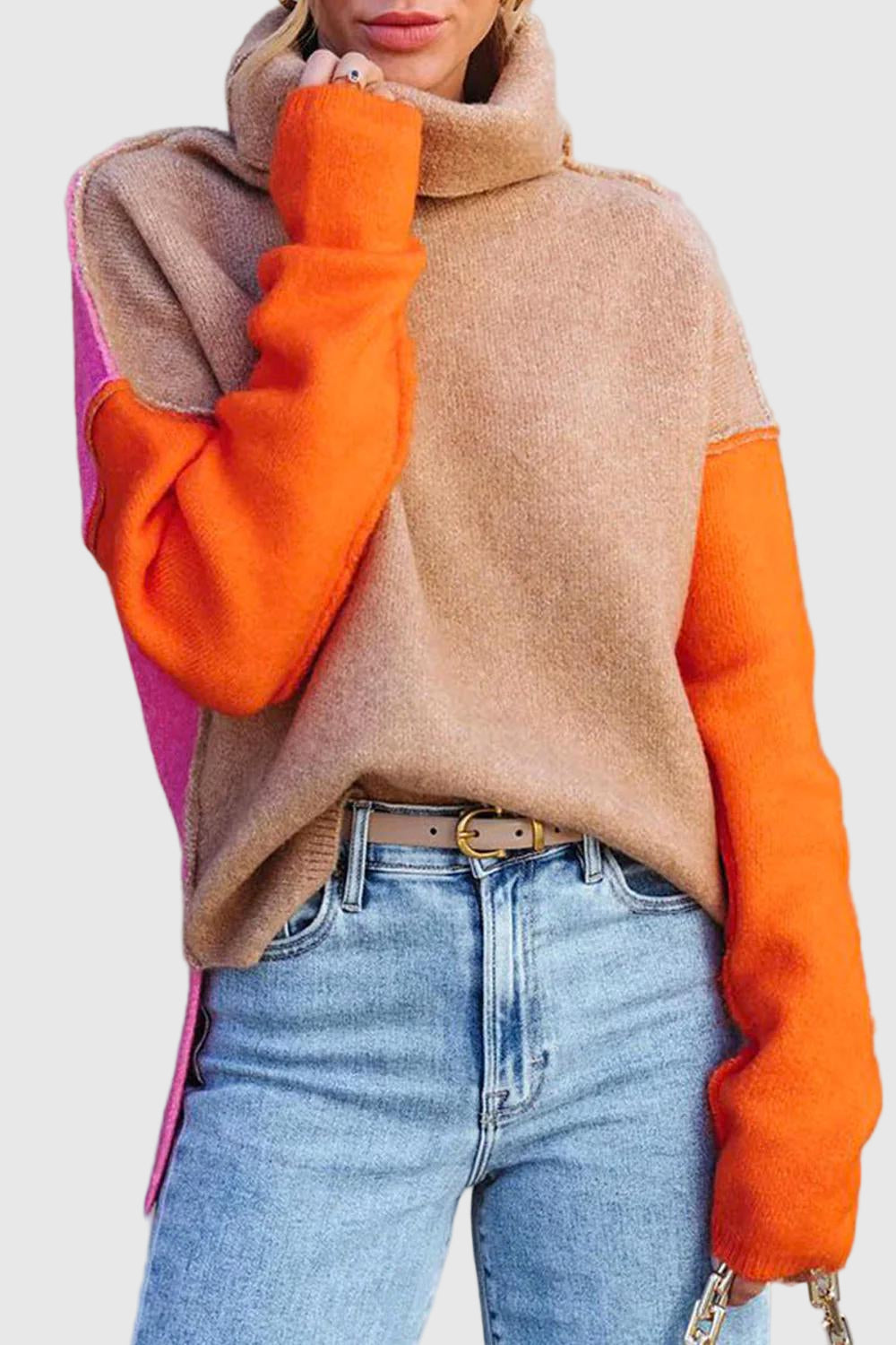 Rollkragenpullover mit Außennähten für Damen | Color-Blocking-Design