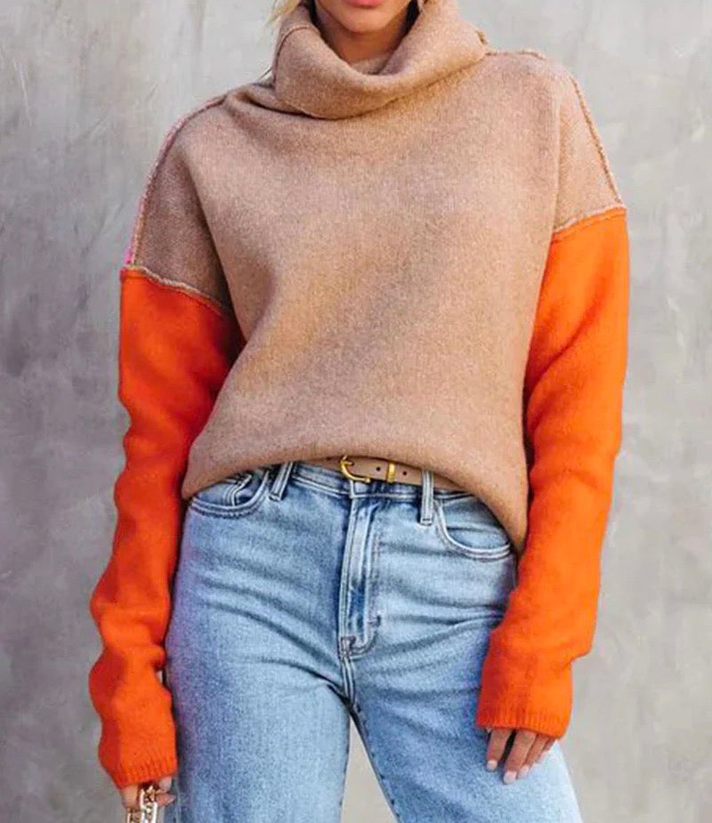 Farbblock Rollkragenpullover für Damen, Locker Schnitt 3