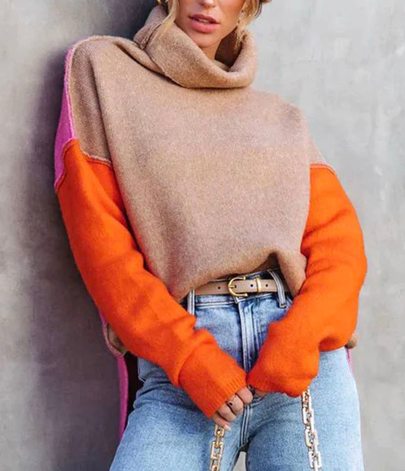 Farbblock Rollkragenpullover für Damen, Locker Schnitt 4