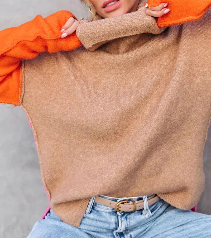 Farbblock Rollkragenpullover für Damen, Locker Schnitt 5