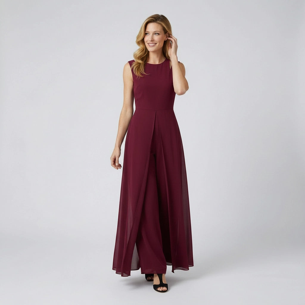 Ärmelloser Jumpsuit mit weitem Bein und fließendem Chiffon Überwurf im eleganten Schnitt