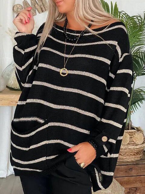 Gestreifter Grobstrickpullover mit U-Boot-Ausschnitt für Damen 2