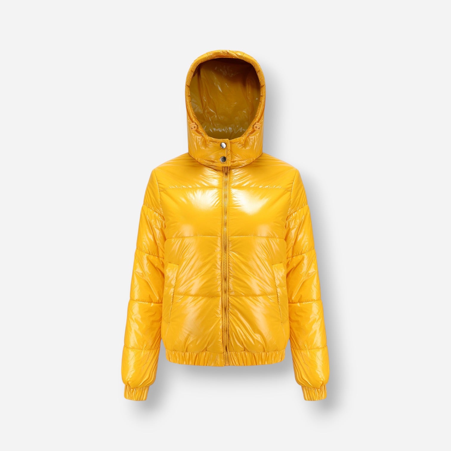 Glänzende Winterjacke für Damen mit hoch schließender Kapuze