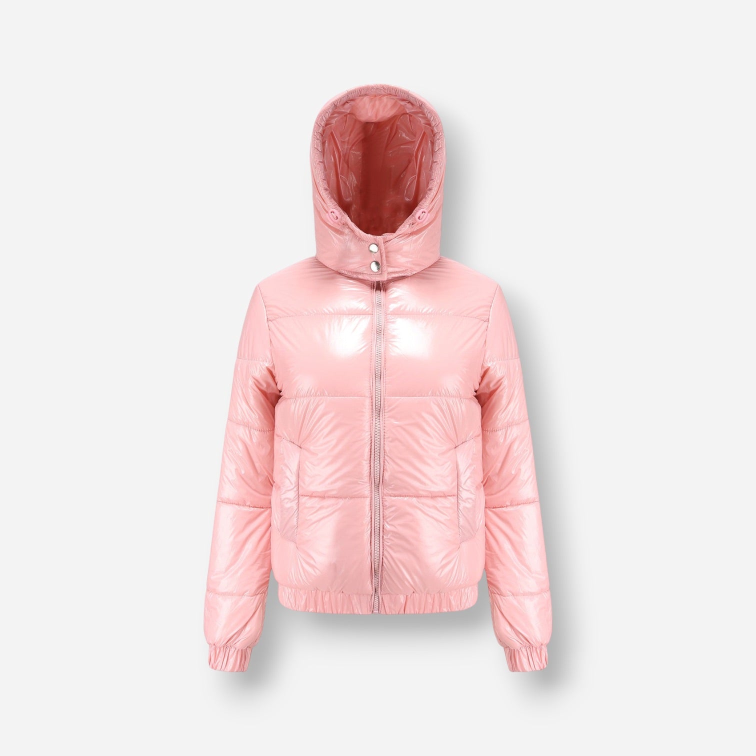 Glänzende Winterjacke für Damen mit hoch schließender Kapuze