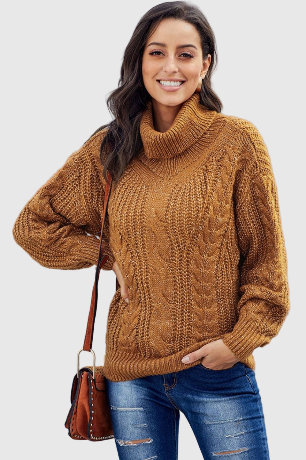 Grober Zopfmuster Rollkragenpullover für Damen