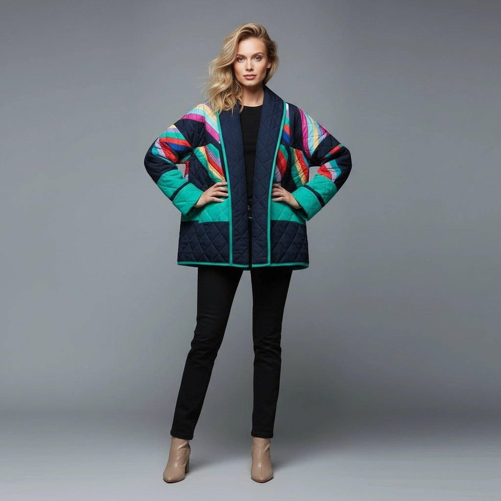 Bunte Steppjacke für Damen in Oversized Passform im Vintage Stil mit Schalkragen