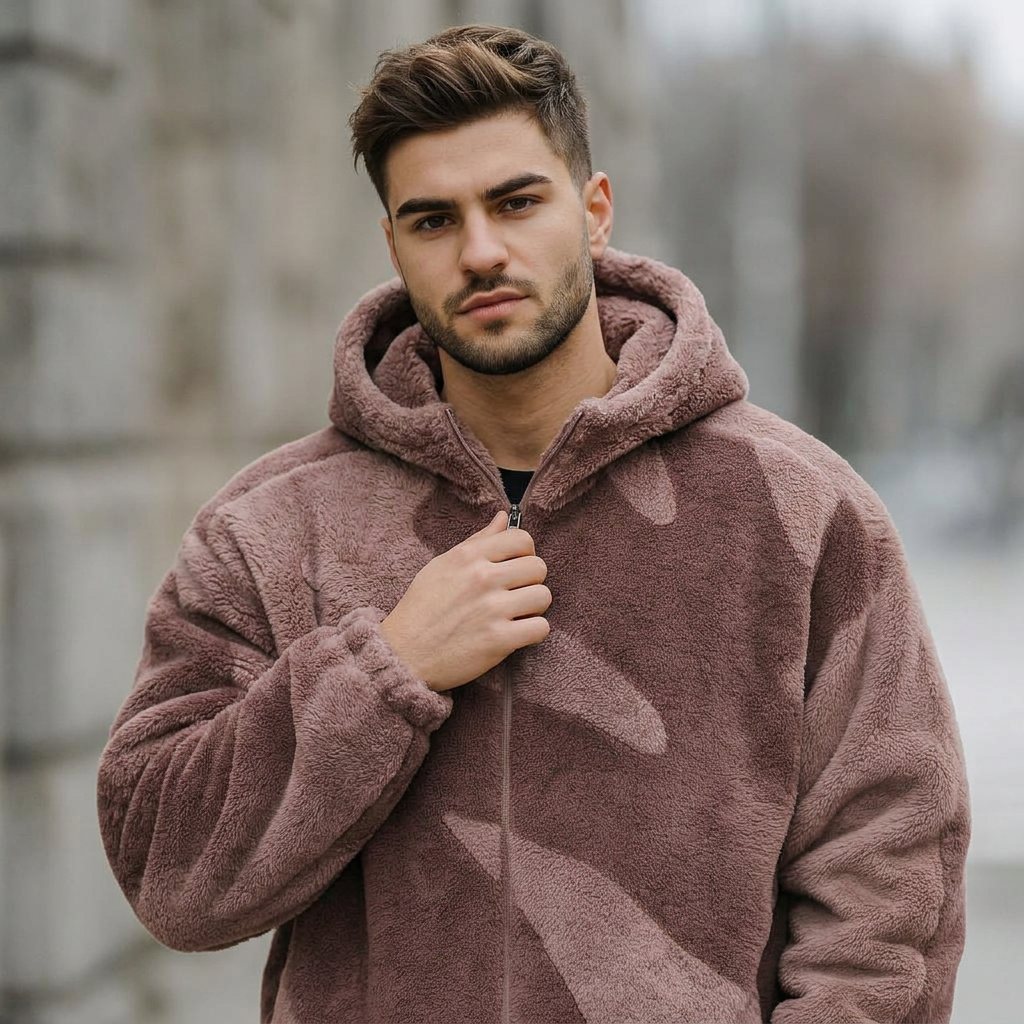 Man wearing a pink camouflage hoodie outdoors