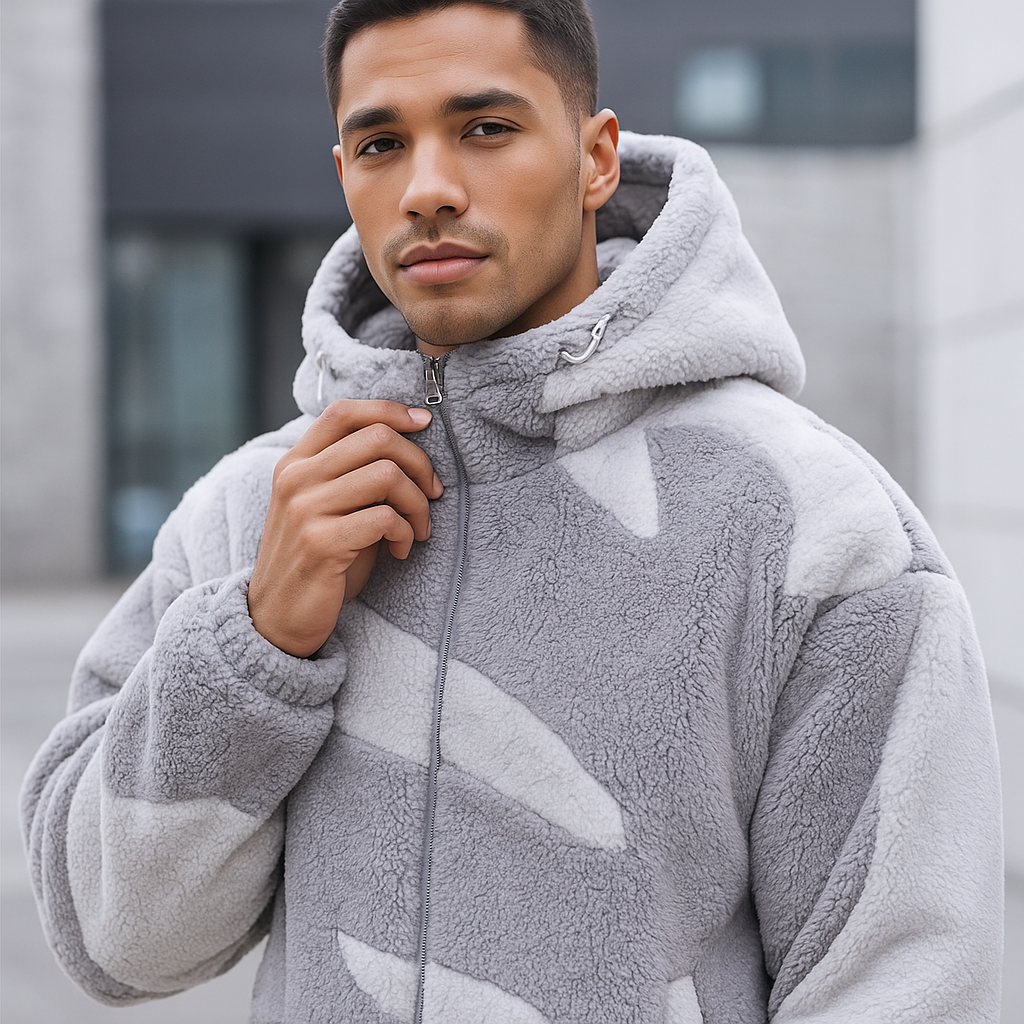 Herrenjacke mit Plüschstruktur und Kapuze