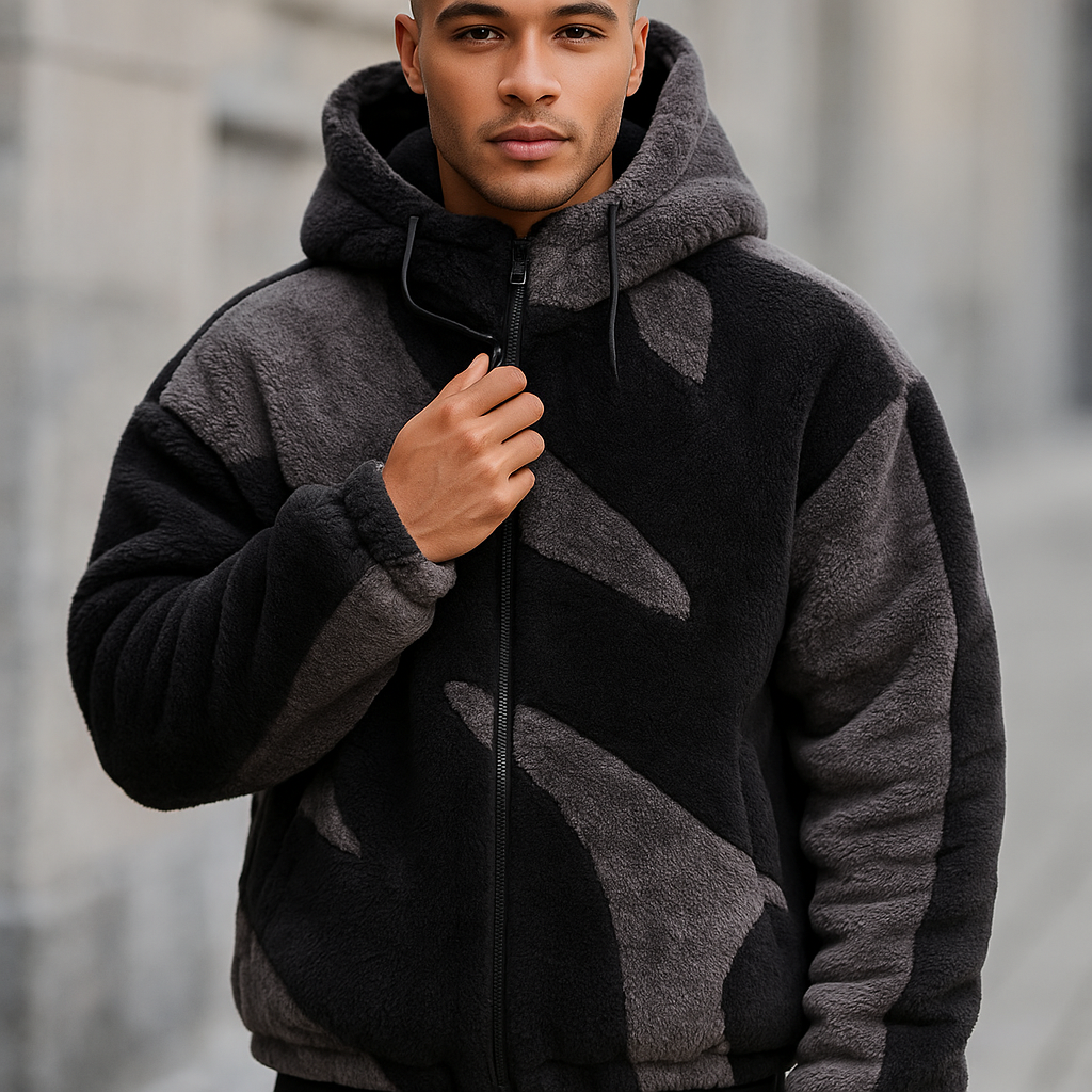 Herrenjacke mit Plüschstruktur und Kapuze