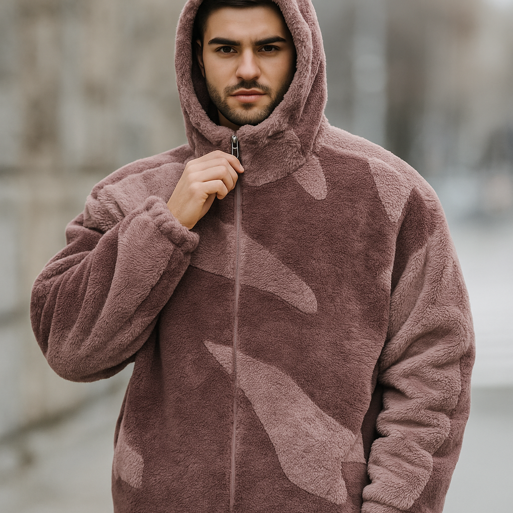 Herrenjacke mit Plüschstruktur und Kapuze