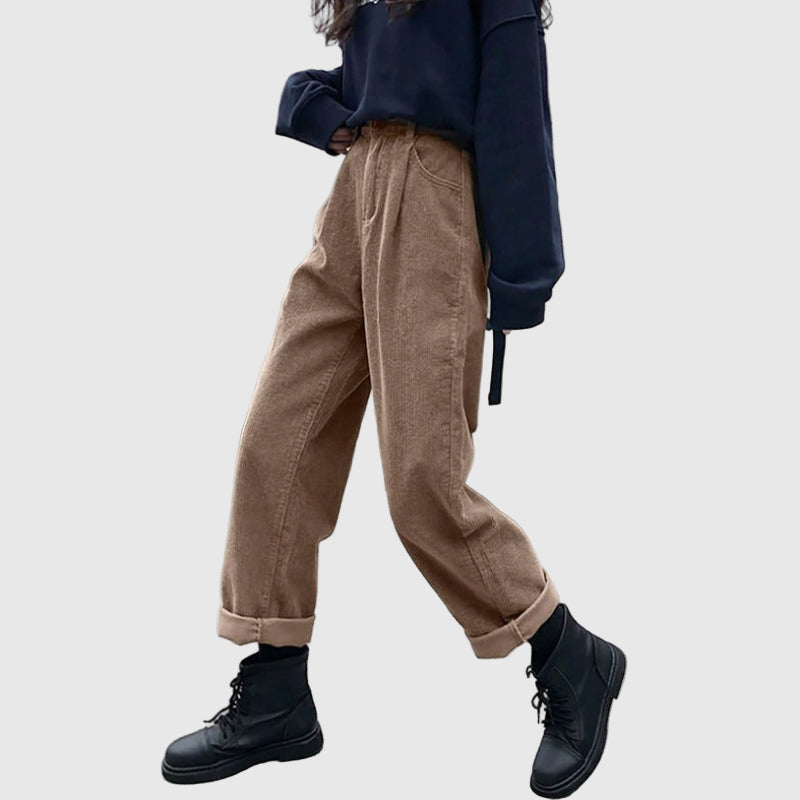 Hochtaillierte Damen-Cordhose mit geradem Bein und Seitentaschen