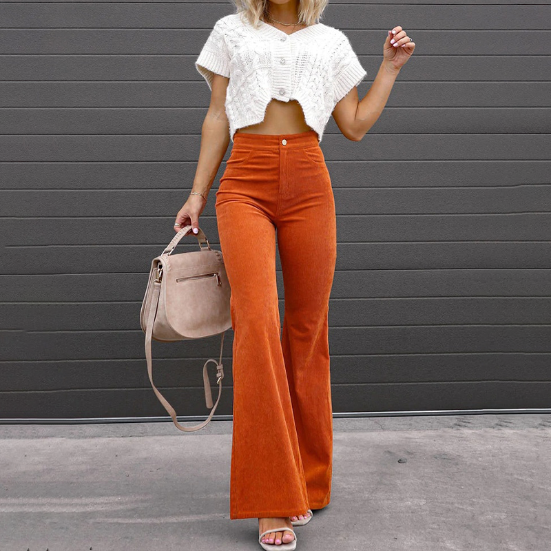 Hohe Taille Cordhose für Damen | Vintage-Stil mit weitem Bein 0