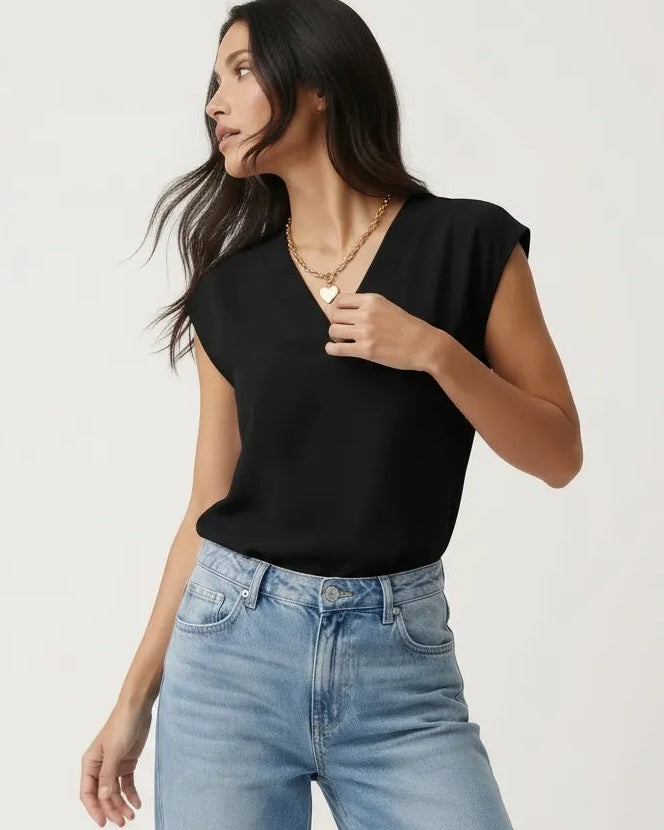 Blusentop für Damen mit V-Ausschnitt und kurzen Ärmeln in unifarbenem Design