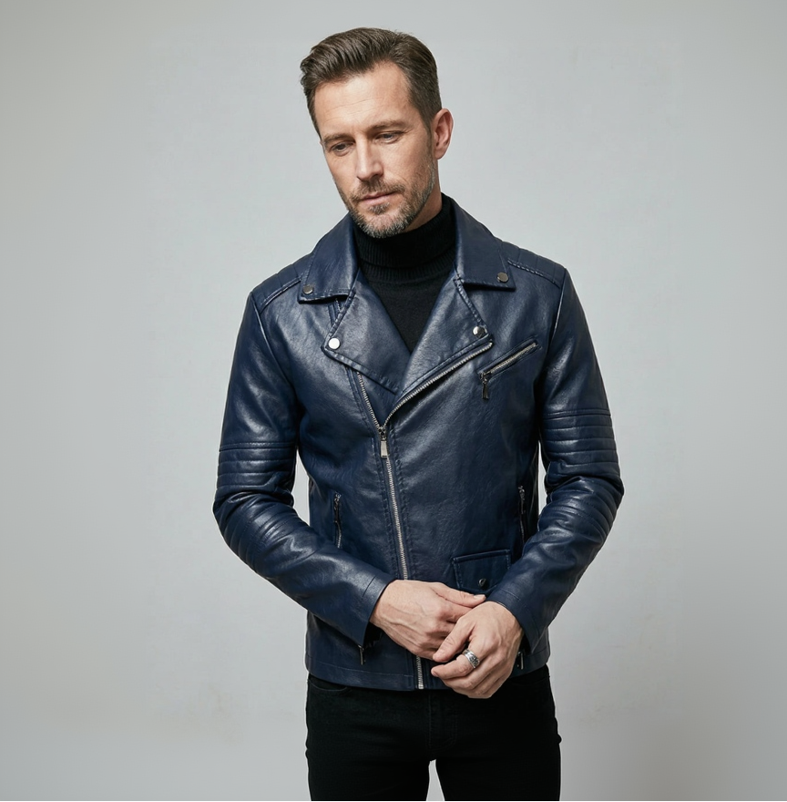 Kurze Biker Jacke für Herren mit gesteppten Ärmeln und asymmetrischem Reißverschluss
