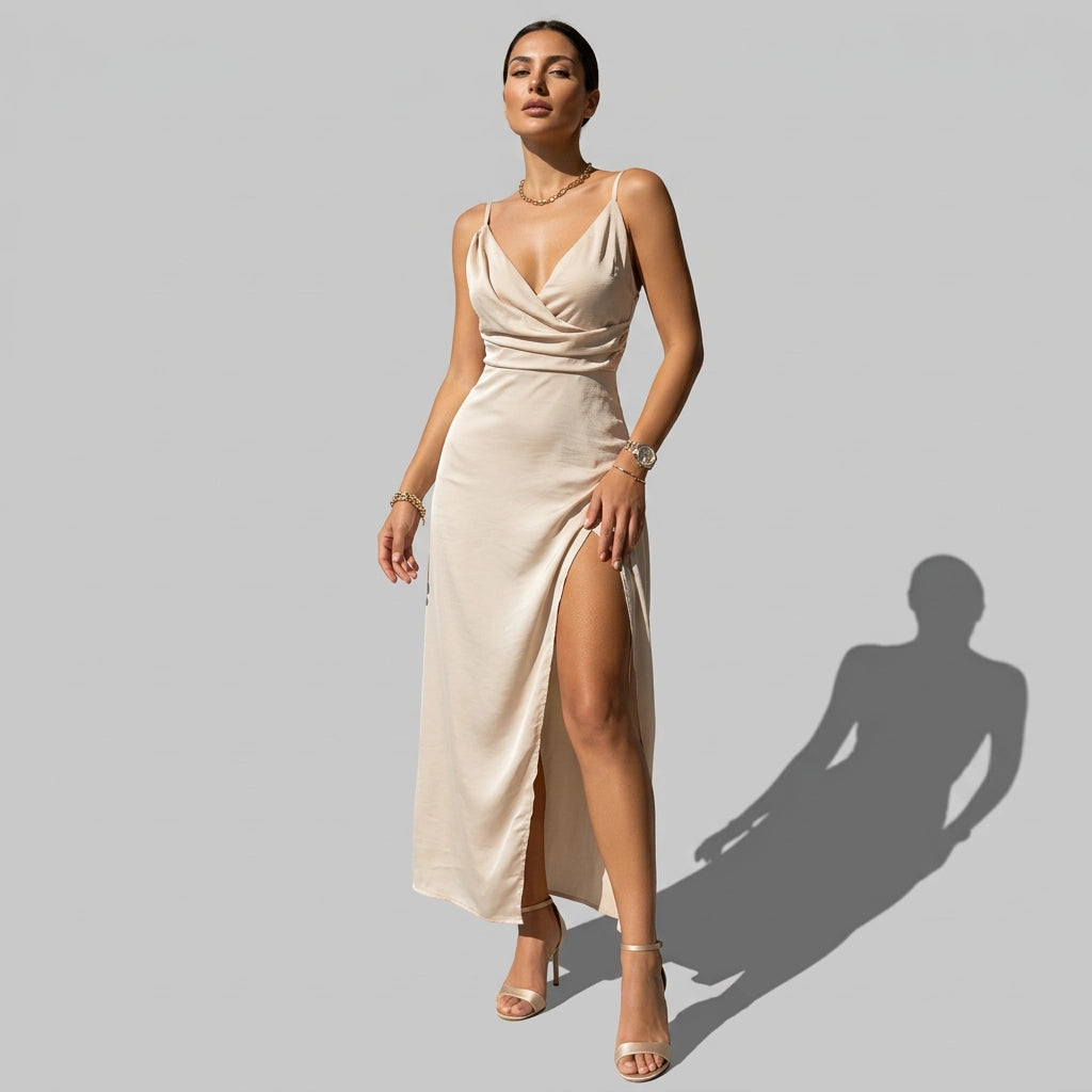 Elegantes Midi Kleid mit Spaghettiträgern und Seitlichem Schlitz im Figurbetonten Design