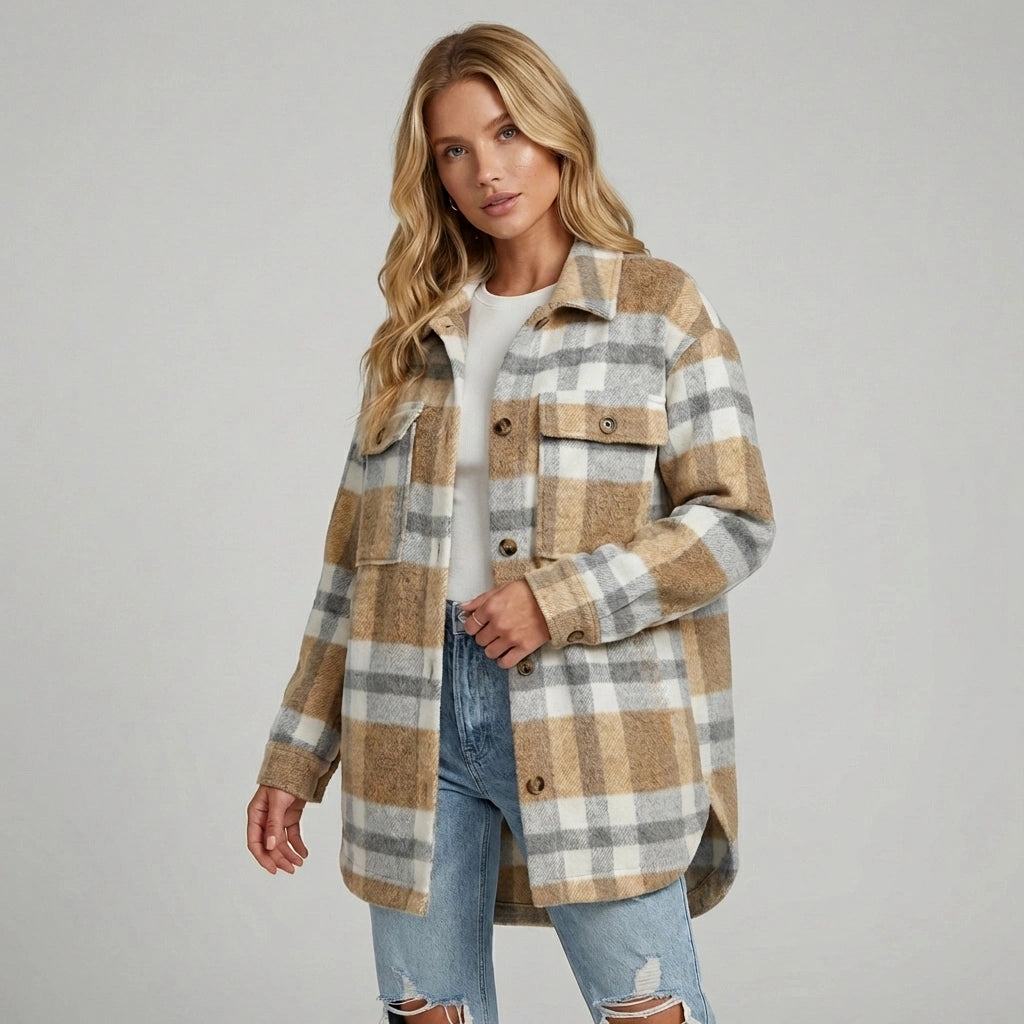 Lange Hemd Jacke im Karierten Design mit Brusttaschen im Oversized Schnitt