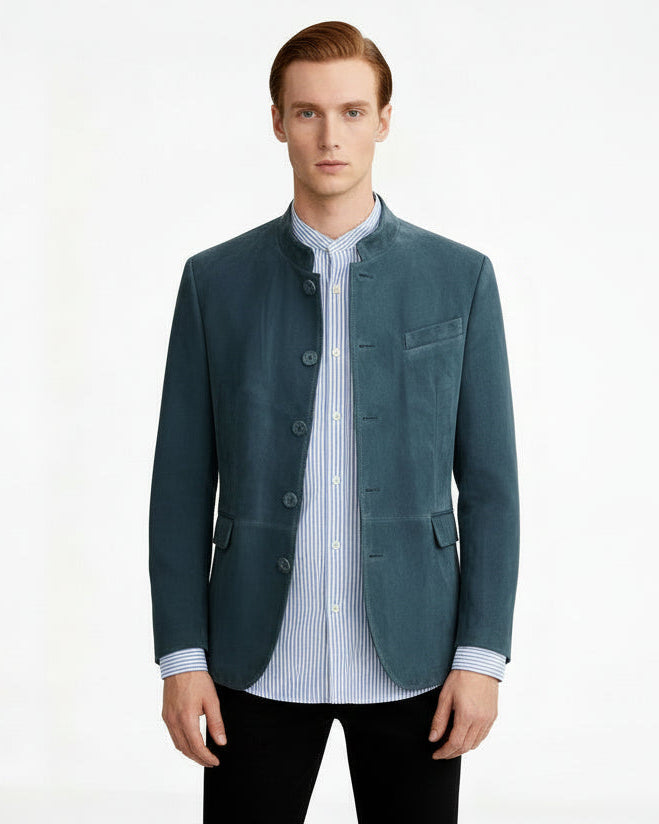 Herren Jacke in Lederoptik mit Stehkragen und Knopfleiste