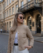 Tweed Jacke für Damen mit Rundhalsausschnitt und Taschen in Bouclé-Optik