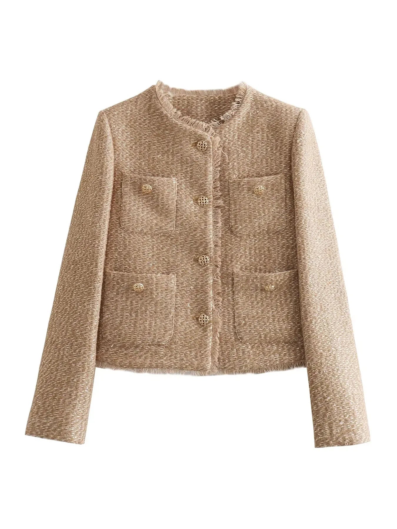 Tweed Jacke für Damen mit Rundhalsausschnitt und Taschen in Bouclé-Optik