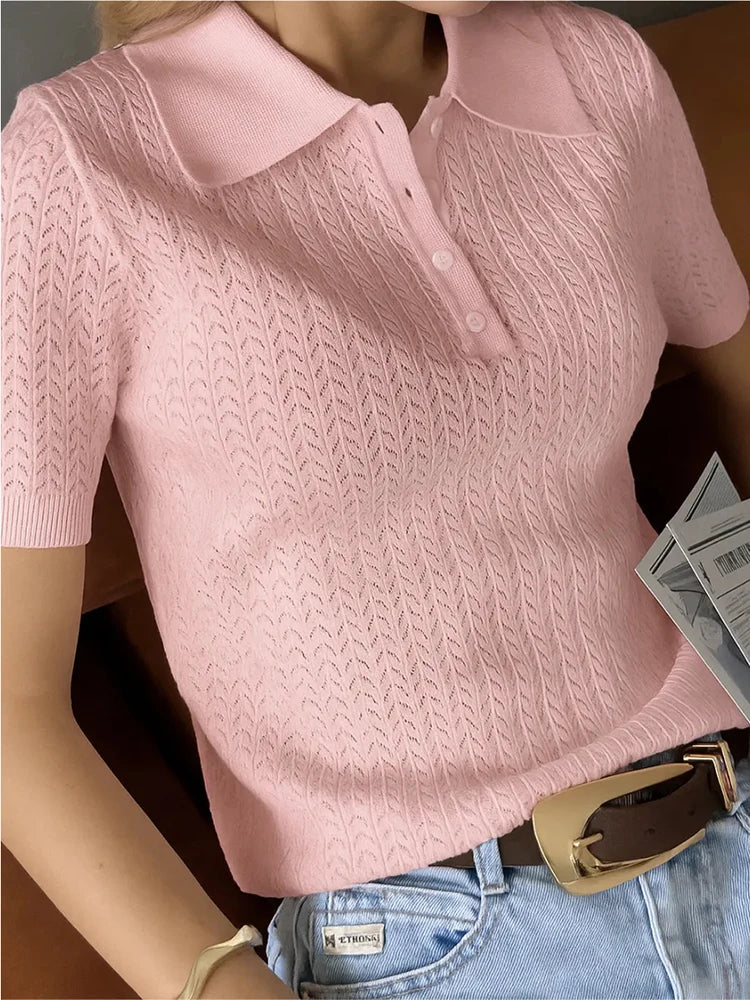 Kurzarm Strick-T-Shirt für Damen | Lässiger Schnitt mit Kragen 9