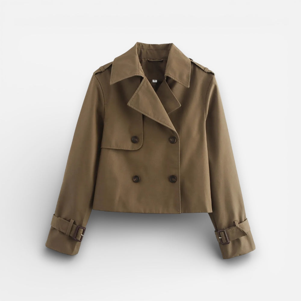 Kurze Trenchjacke für Damen mit doppelter Knopfleiste und Reverskragen