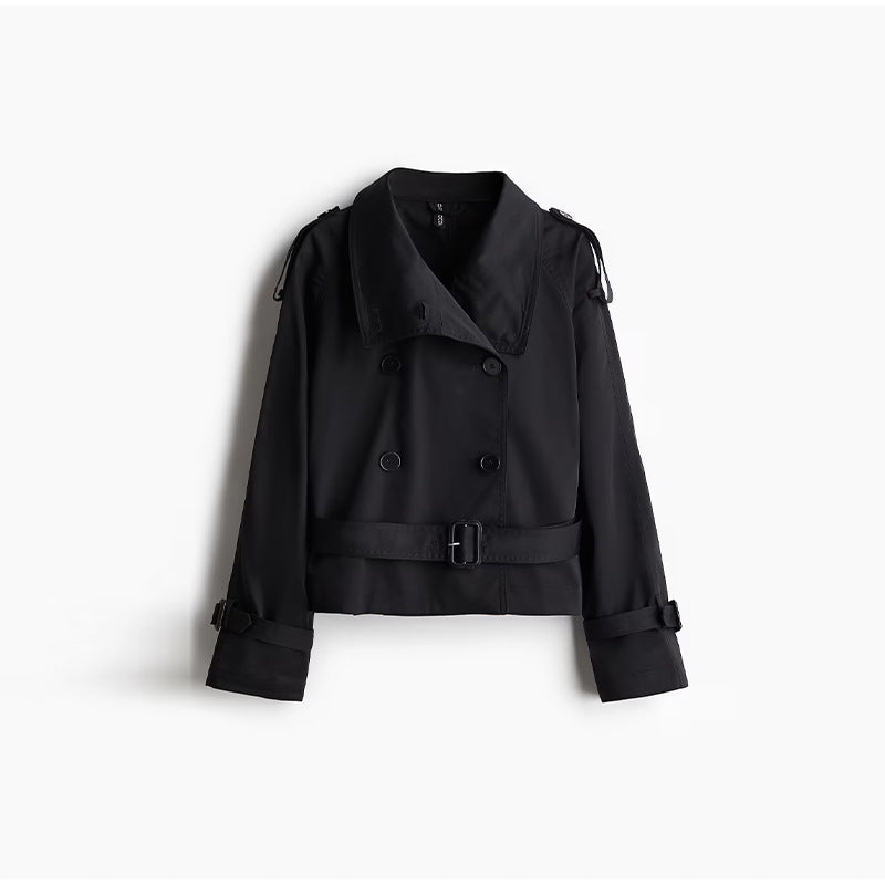Kurzjacke für Damen im Trenchcoat-Stil mit Taillengürtel und hohem Kragen
