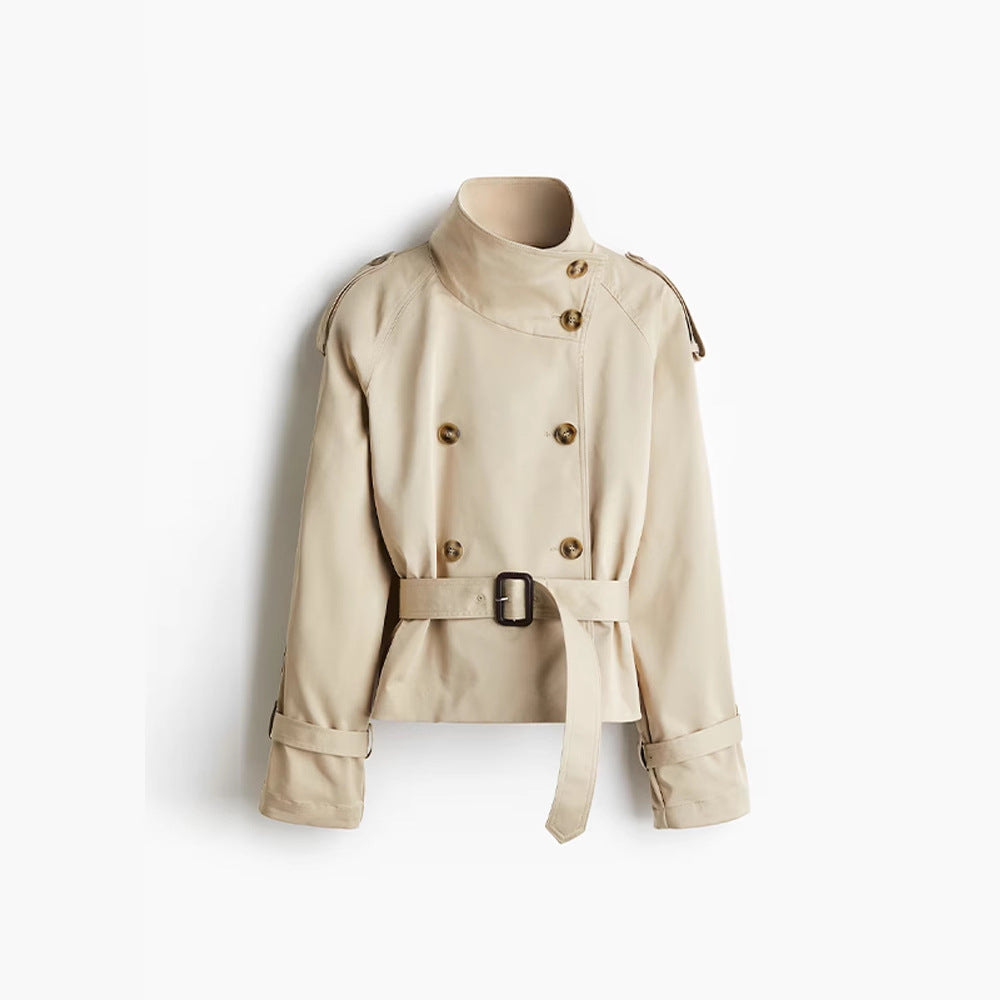 Kurzjacke für Damen im Trenchcoat-Stil mit Taillengürtel und hohem Kragen