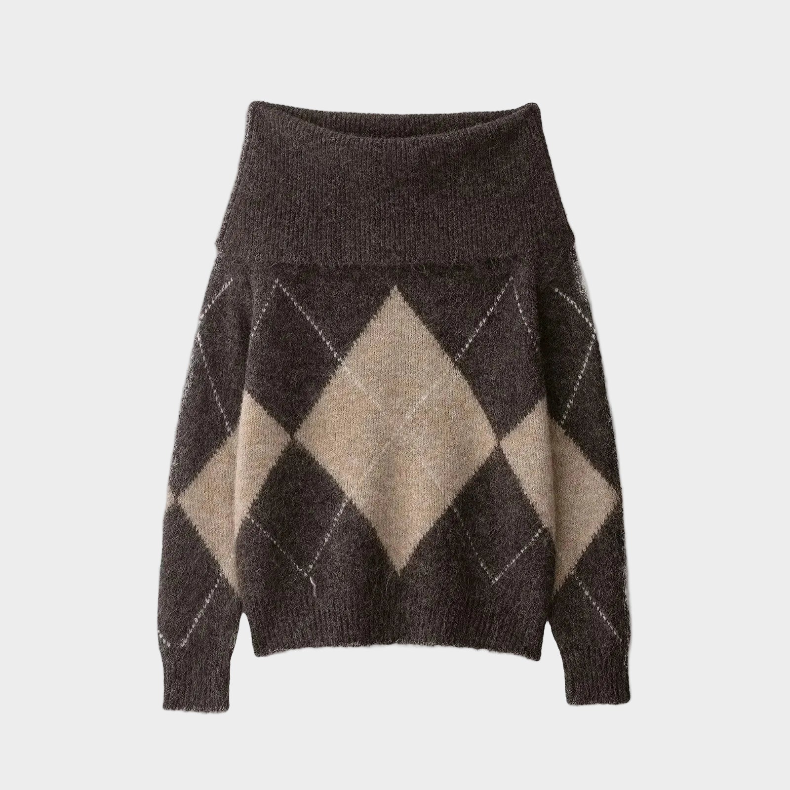 Kuscheliger Pullover für Damen mit schulterfreiem Design und Rautenmuster