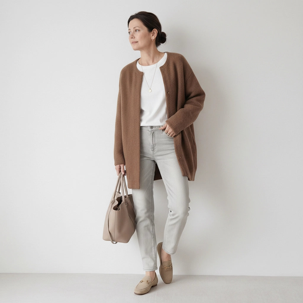 Langer Cardigan für Damen ohne Kragen im Relaxed Fit