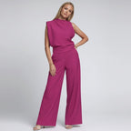 Weites Set im Jumpsuit Design mit Kurzarm Oberteil und Hohem Kragen
