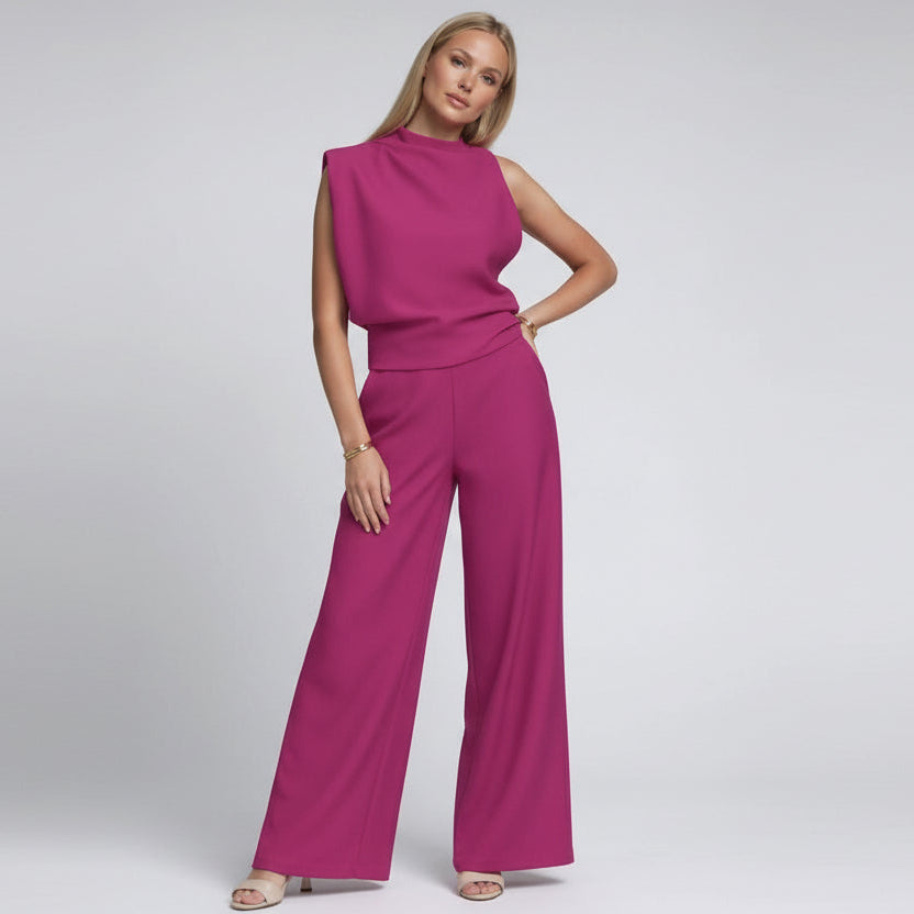Weites Set im Jumpsuit Design mit Kurzarm Oberteil und Hohem Kragen