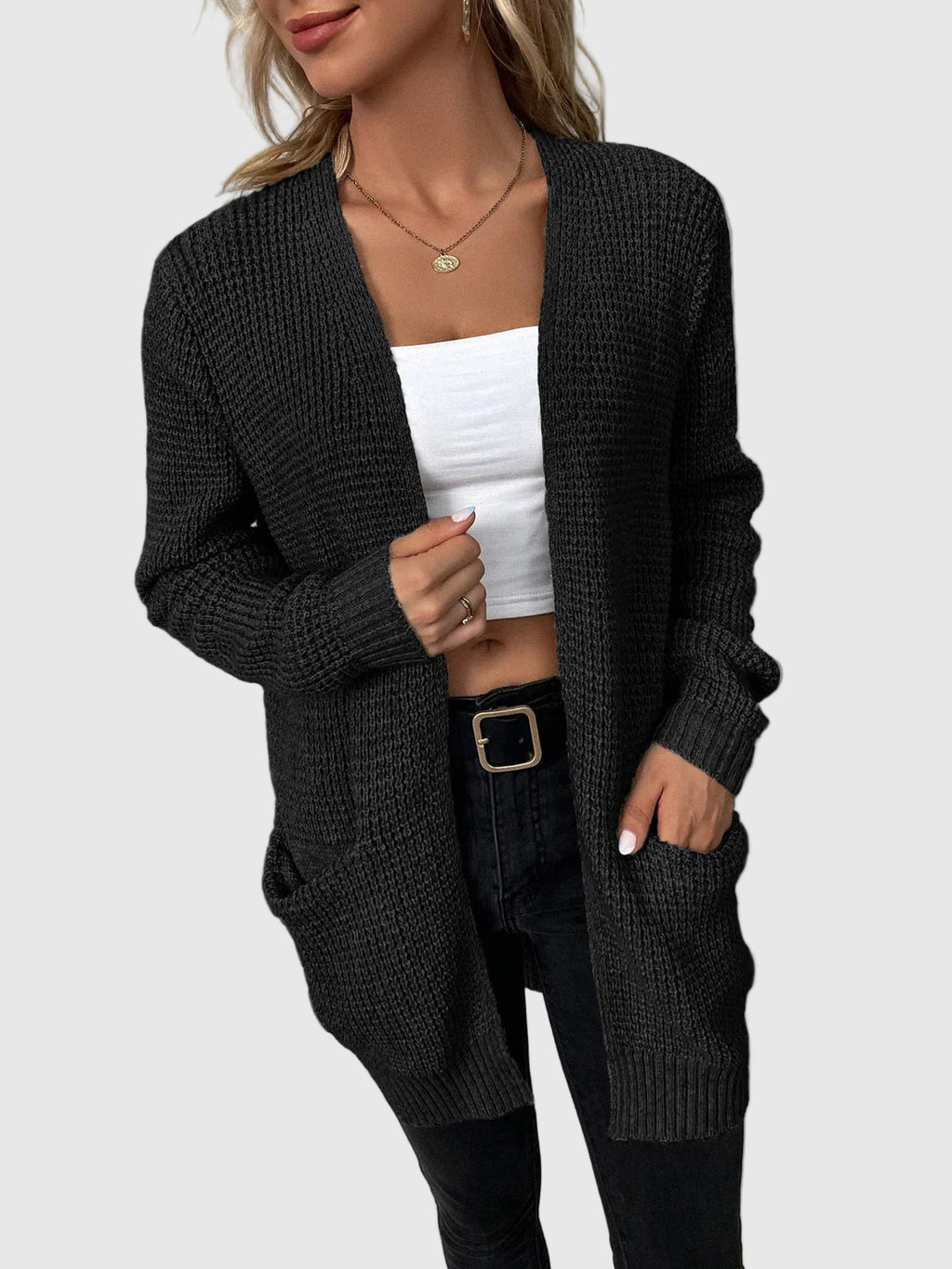 Longstrickjacke im Waffelstrick mit aufgesetzten Taschen für Damen | Bequem