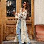Lange Strickjacke Damen im Boho-Stil mit Ausgestellten Ärmeln 0