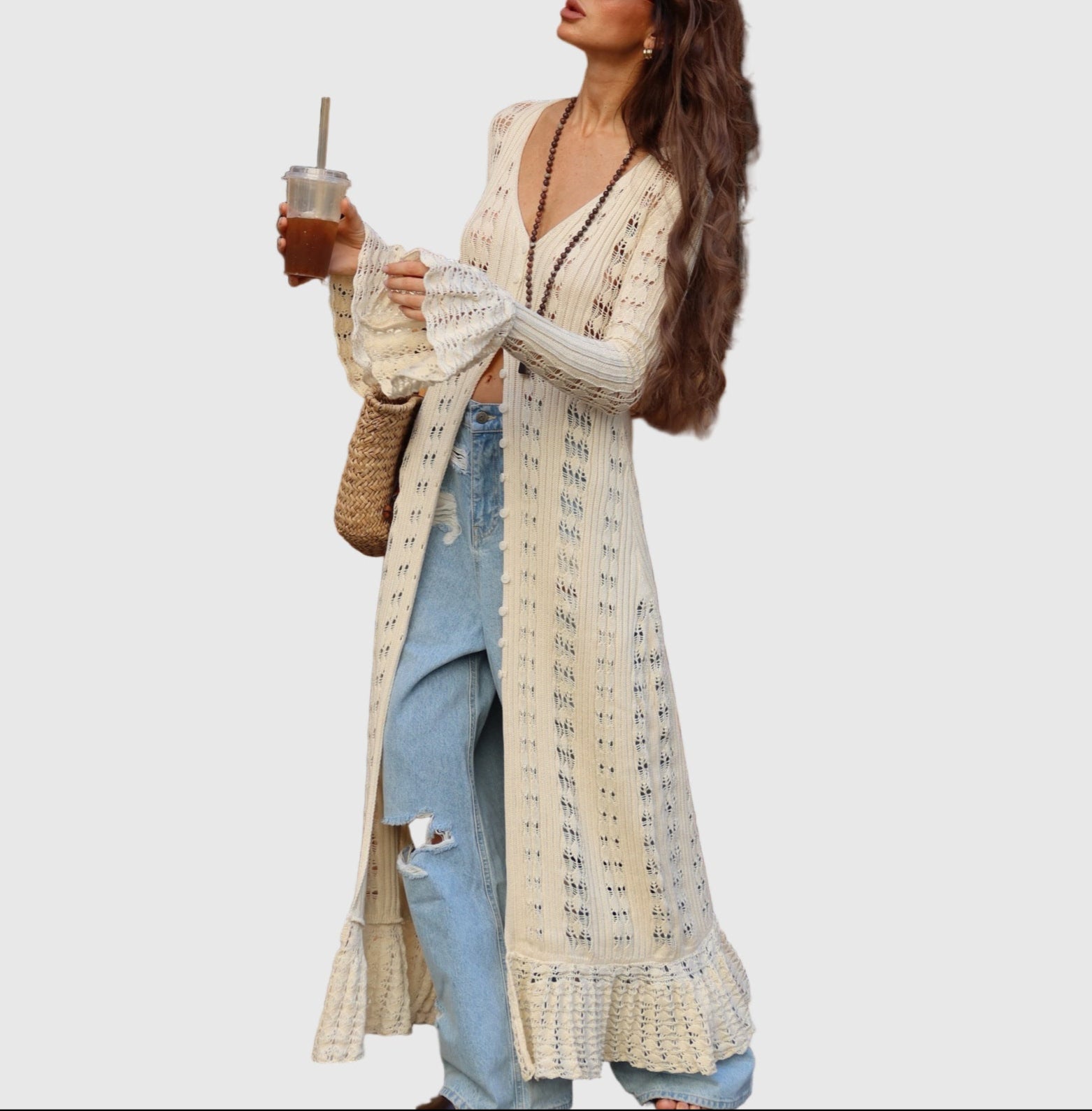 Lange Strickjacke Damen im Boho-Stil mit Ausgestellten Ärmeln
