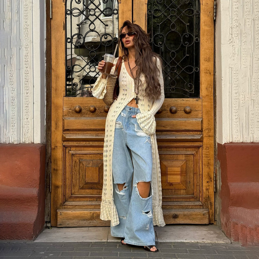Lange Strickjacke Damen im Boho-Stil mit Ausgestellten Ärmeln 1