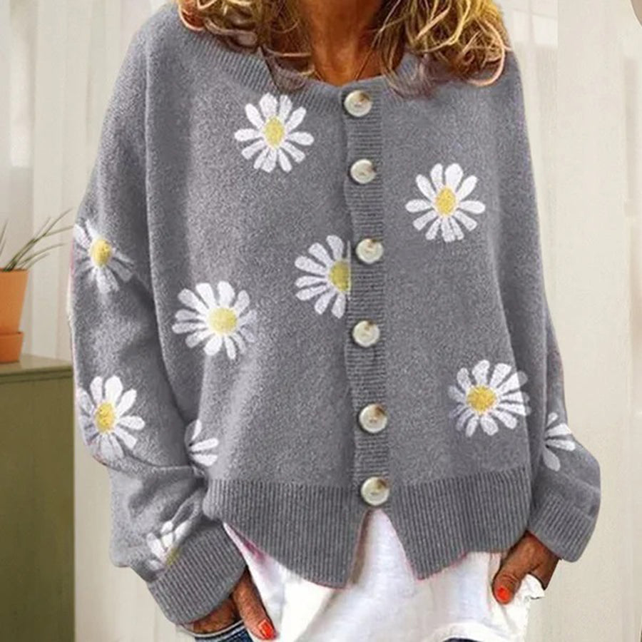 Lange Strickjacke Damen mit Floraldruck und Knopfverschluss 1