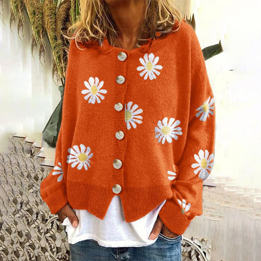 Lange Strickjacke Damen mit Floraldruck und Knopfverschluss 2