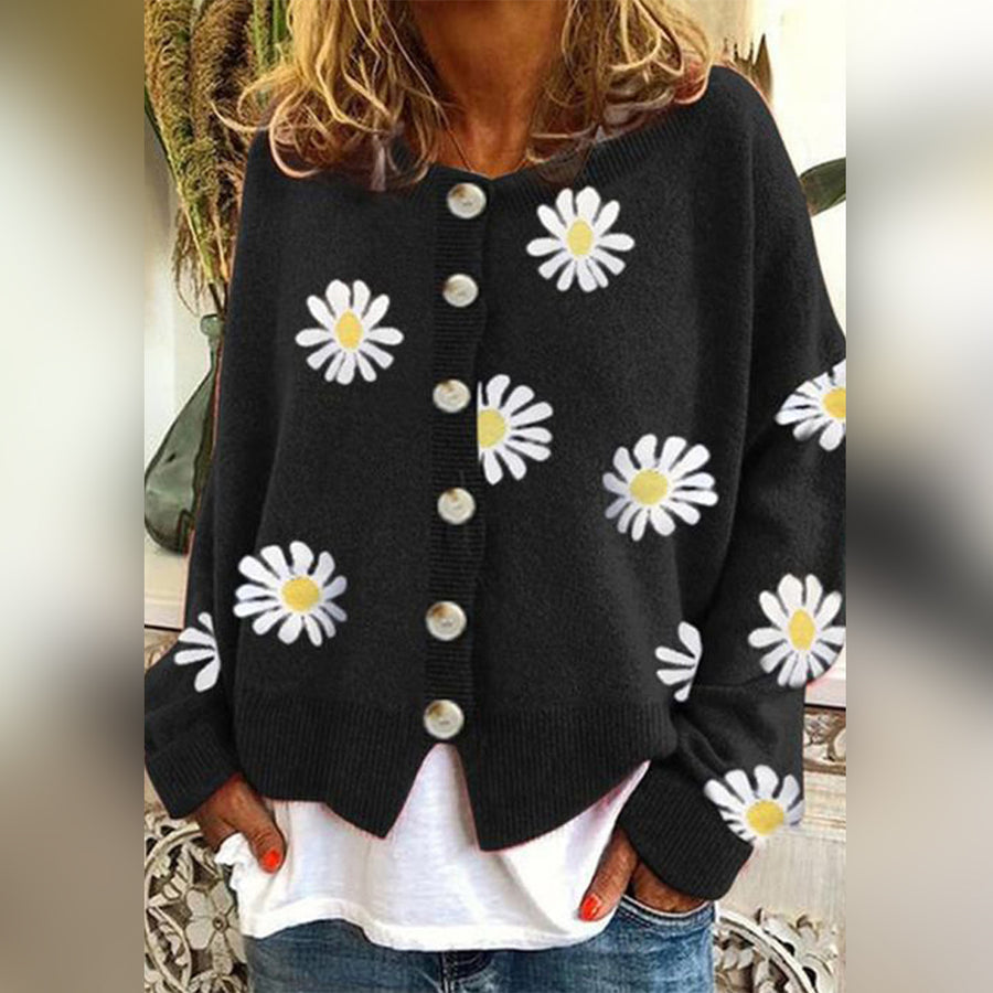 Lange Strickjacke Damen mit Floraldruck und Knopfverschluss 3