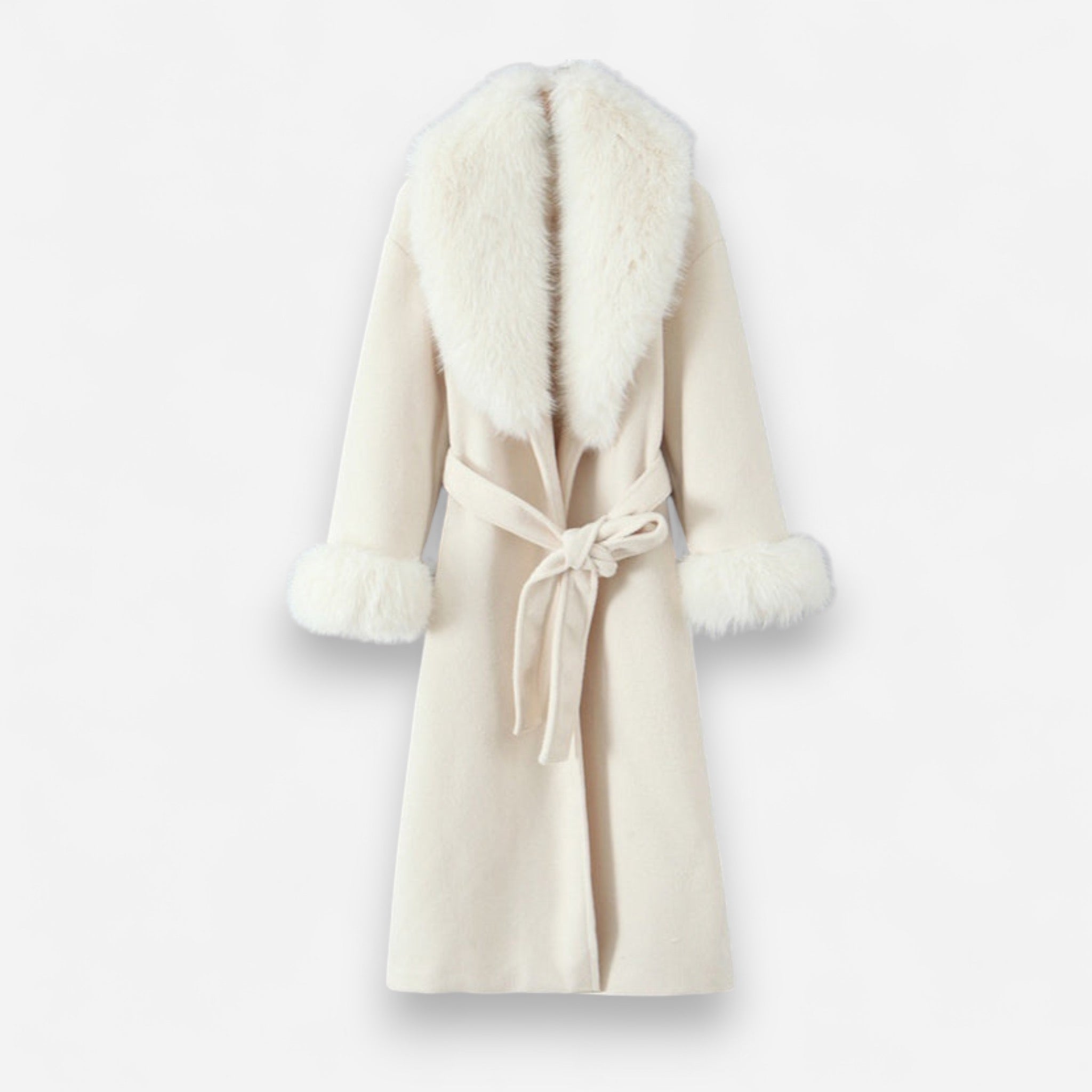 Langer Damenmantel mit Kunstpelzkragen und Gürtel