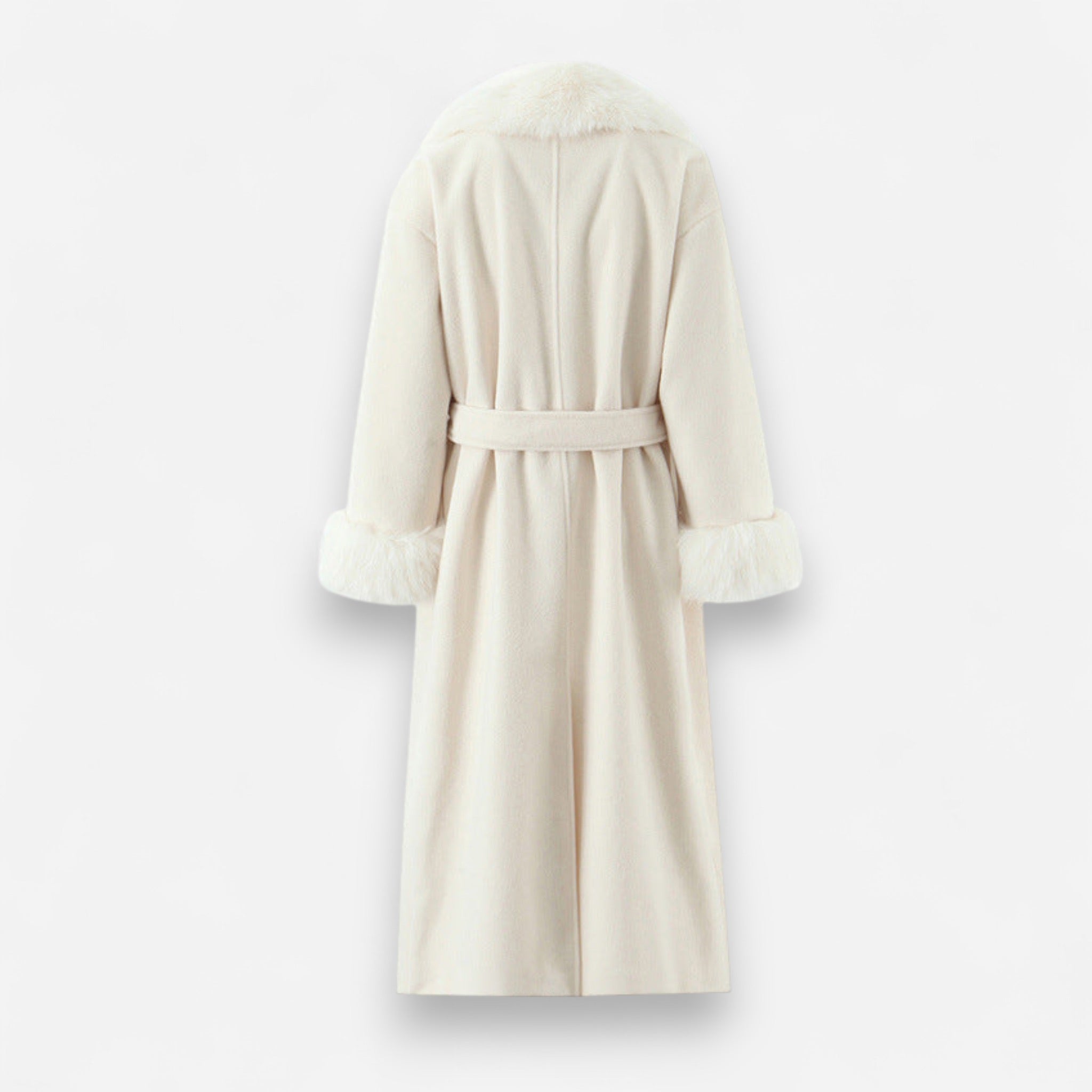 Langer Damenmantel mit Kunstpelzkragen und Gürtel